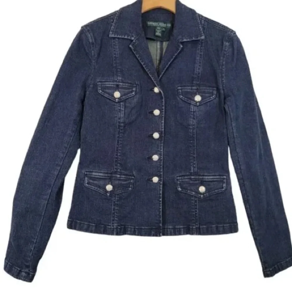 Lauren Jeans Co Ralph Lauren Jacket Denim Dark Wash Silver Buttons SzL - Picture 2 of 7